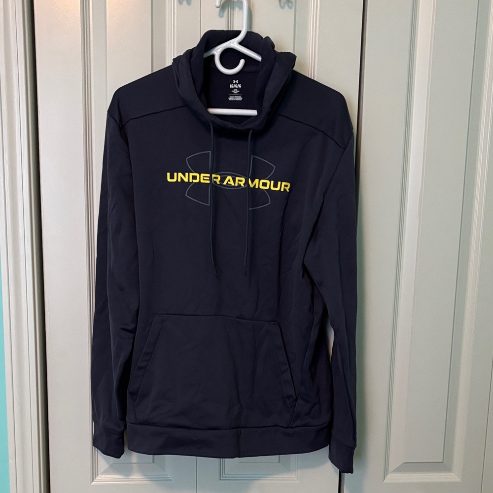 Men’s Under Armour Dark Blue Hoodie with Bright Yellow Logo Size Large